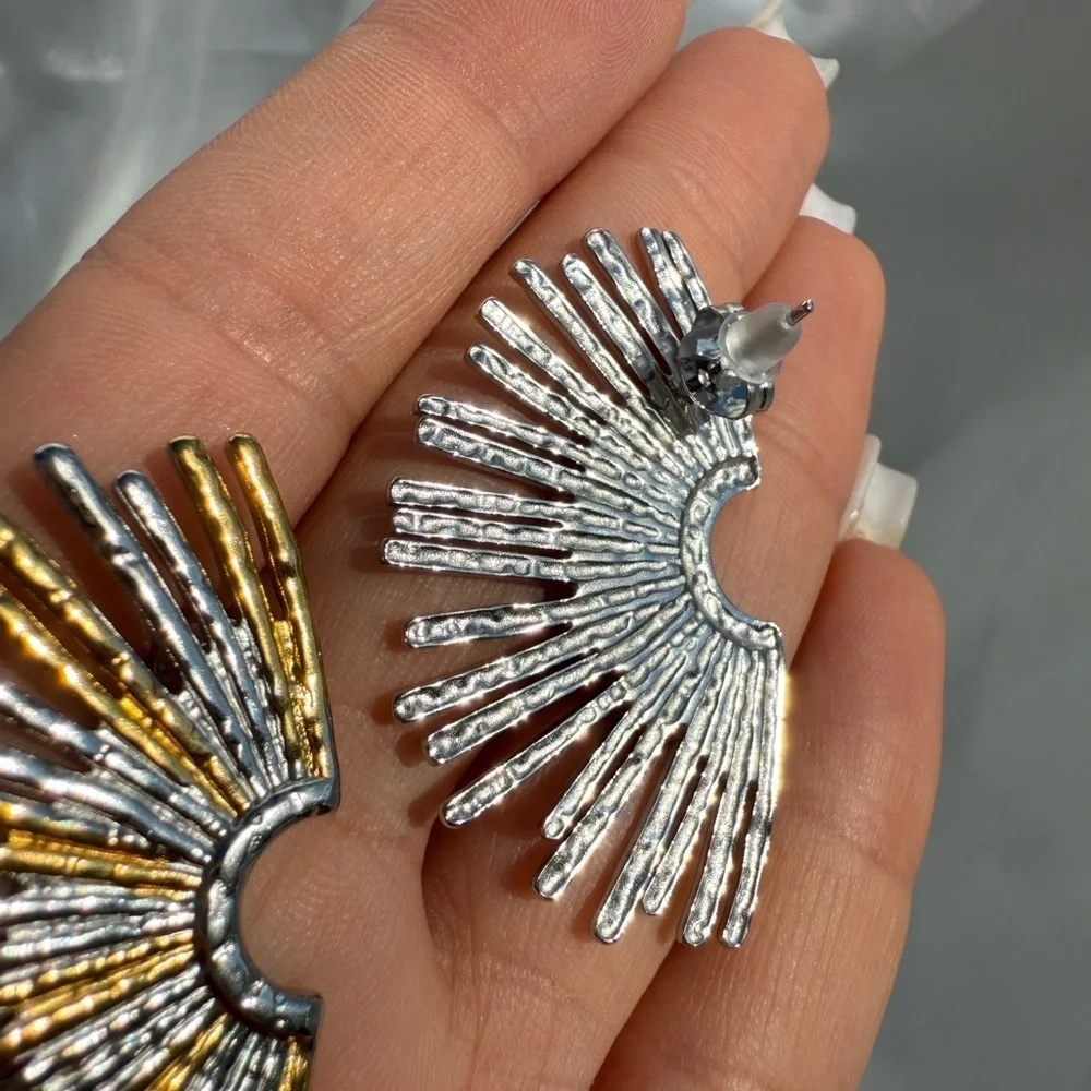 Sun Gold Stainless Steel Silver Sunburst Earrings